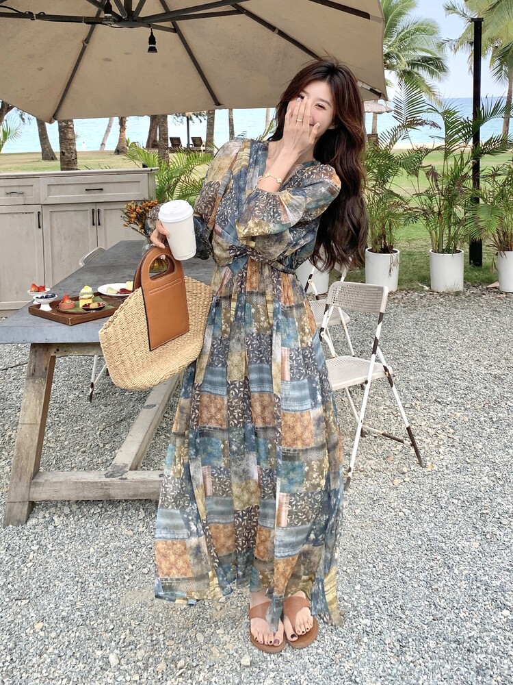 法式复古碎花连衣裙女夏季新款度假风森系小众收腰显瘦气质长裙子,女装连衣裙,浙宝210（原浙宝191）