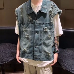 得物品质秋男牛仔夹克背心马甲流苏破洞工装大口袋外套MJ08 P55图片
