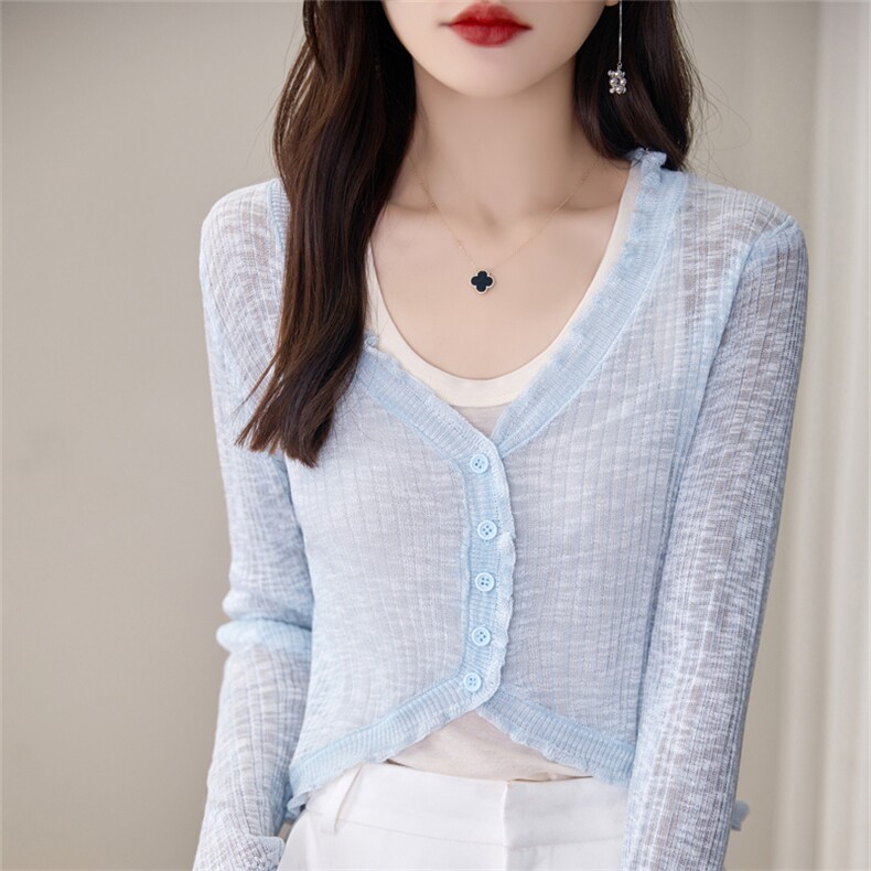 粉色V领针织开衫女夏季薄款防晒衫短款显瘦百搭上衣外套,针织衫/毛衣,暖姿羊绒