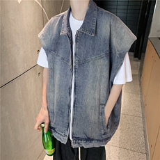 男装2024美式复古潮牌廓形设计感牛仔垫肩无袖坎肩马甲男女宽松潮，男装背心/马甲，星座1013