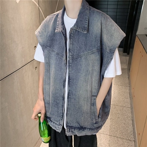男装2024美式复古潮牌廓形设计感牛仔垫肩无袖坎肩马甲男女宽松潮图片
