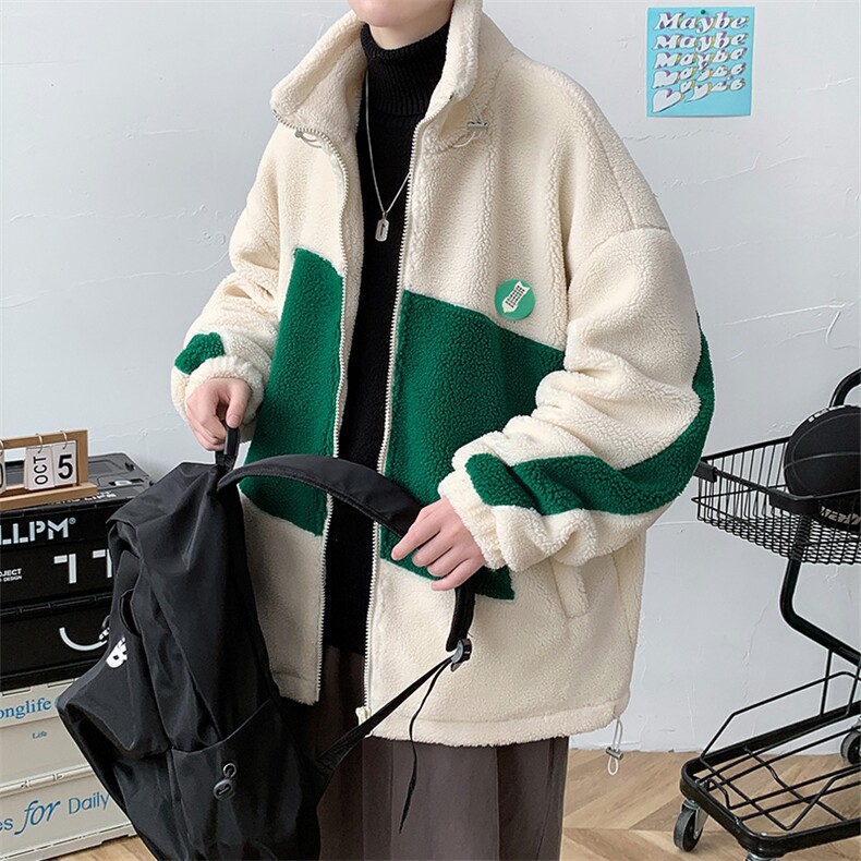 冬款加绒加厚棉衣外套拼色徽章潮羊羔绒棉服男士8146-P115控价158,男装棉衣,电商A441-1