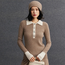 2025时尚拼色领口半开长袖针织衫，女装针织衫/毛衣，五色羊羊绒