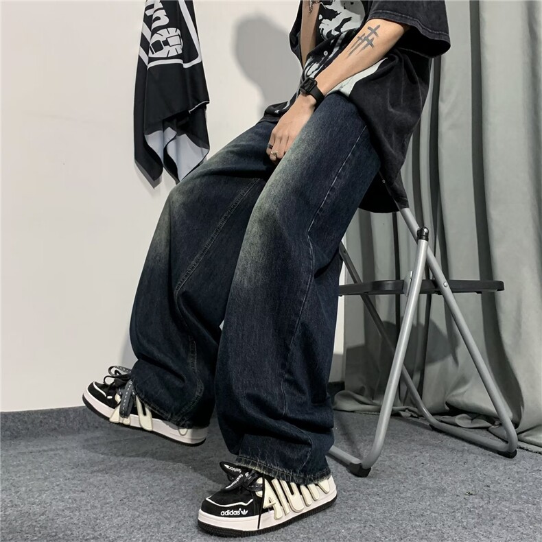 复古牛仔裤男款宽松做旧oversize裤子美式休闲垂感阔腿拖地裤潮,男装牛仔裤,星座716-4