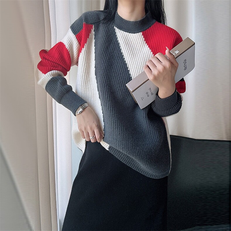 2024秋冬新款羊毛女士元宝针拼色羊毛衫,女装羊毛衫,臻纶羊绒