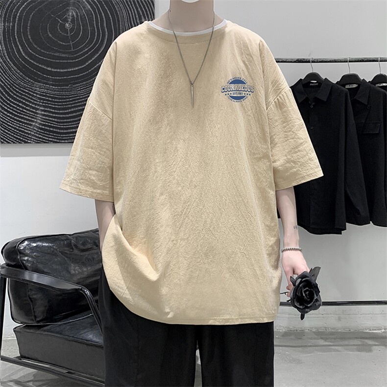 YT26395-P30亚麻短袖t恤男大码五分袖男宽松七分袖大皂风模特,男装T恤,电商A040