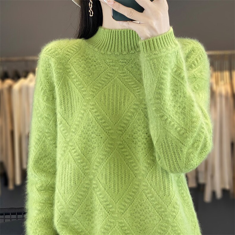新品重工艺妞花菱形块女半高领羊毛衫宽松百搭a525,女装羊毛衫,秋虹羊绒