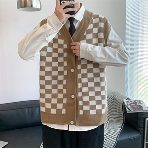 2023秋季宽松棋盘格毛衣外搭新款针织开衫休闲百搭背心 M512-P42图片
