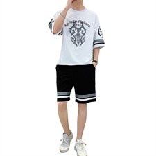 夏季潮牌青少年运动休闲T恤两件套宽松短袖短裤套装男F67P58，男装休闲套装，电商A086