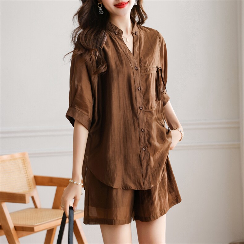 名媛女装高端套装2025夏季新款小个子天丝短裤时尚洋气爆款两件套，女装套装/套裙，深水步