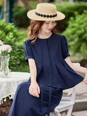 春夏设计感捏褶泡泡袖气质减龄短袖上衣阔腿裤休闲通勤套装女，女装套装/套裙，水衣源