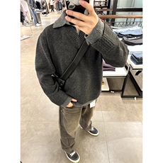 重磅北极绒假两件衬衫领毛衣美式高街复古休闲慵懒纯色翻领针织衫，男装针织衫/毛衣，电商A486-1