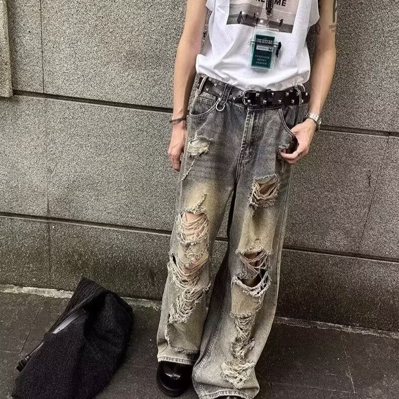 美式高个夏季破洞牛仔裤男泥染做旧高街废土风裤子阔腿拖地乞丐裤,男装牛仔裤,星座506A