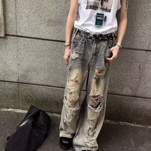 美式高个夏季破洞牛仔裤男泥染做旧高街废土风裤子阔腿拖地乞丐裤图片