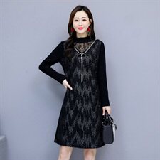 链条绣花植绒中长款长袖2020年冬季半高领纯色连衣裙，女装连衣裙，安之芮娜