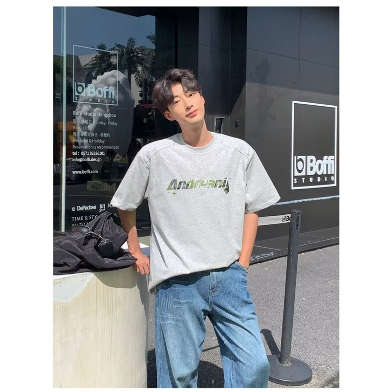 美式立体字母短袖t恤男2025新款夏季潮牌小众五5分袖宽松重磅半袖,男装T恤,星座506A