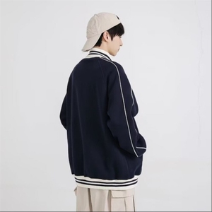 藏蓝色棒球服外套女春秋款美式复古条纹卫衣宽松休闲夹克开衫上衣图片
