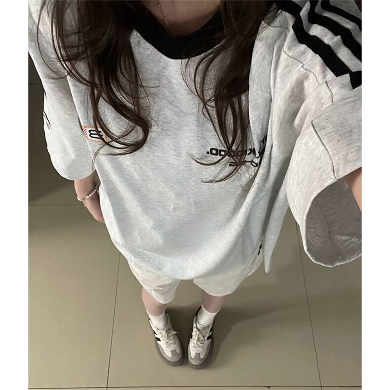 抖音得物供货240克宽松纯棉美式潮牌印花三杠半织带短袖T恤AT1604,男装T恤,电商A443