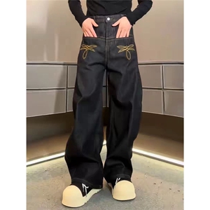 美式刺绣丹宁 弯刀牛仔裤宽松阔腿长裤男女 网1001-1-AK416-P63图片
