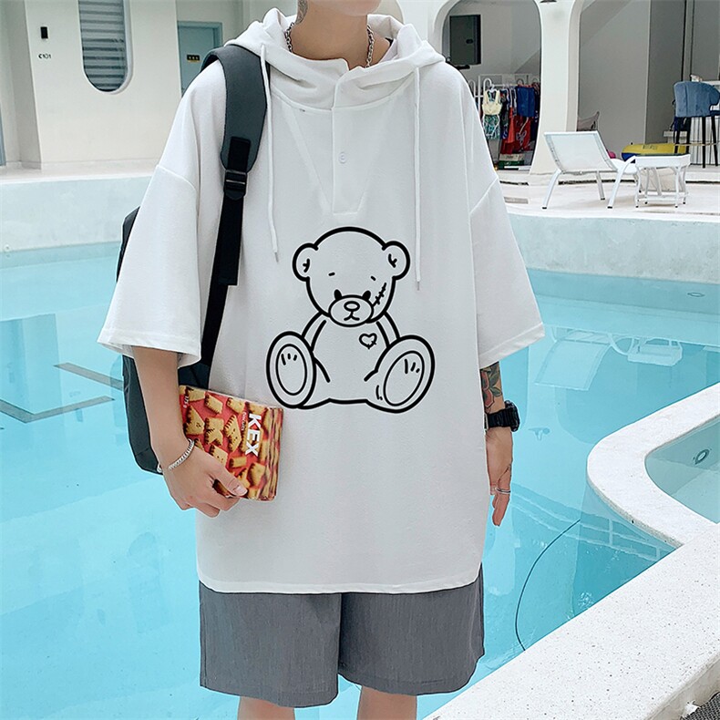 LD54174-P45 连帽短袖t恤男大码胖子带帽五分袖中袖图片
