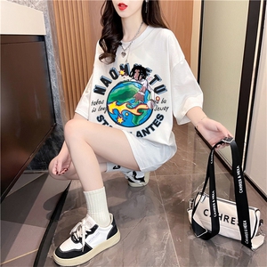 MT515夏季纯棉后包条抖音质量印花卡通大码上衣短袖t恤女P38图片