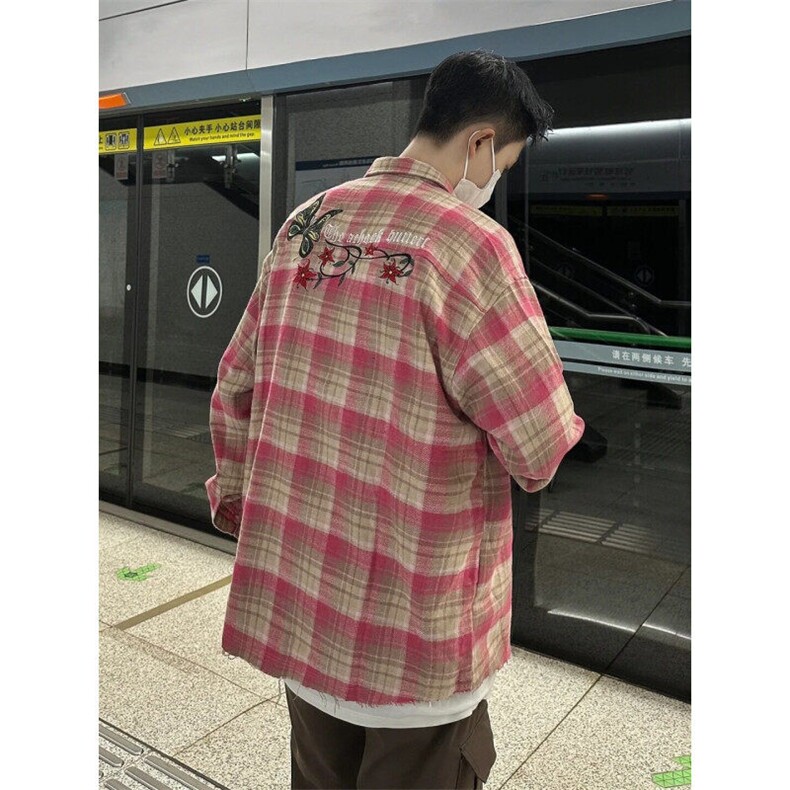 SC268LL-特P38cleanfit格子刺绣衬衫男设计感小众情侣装衬衣,男装衬衫,星座1007（原301D）