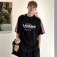 抖音得物品质二开240克宽松纯棉美式潮牌印花三条杠中性风短袖T恤，男装T恤，电商A486-1