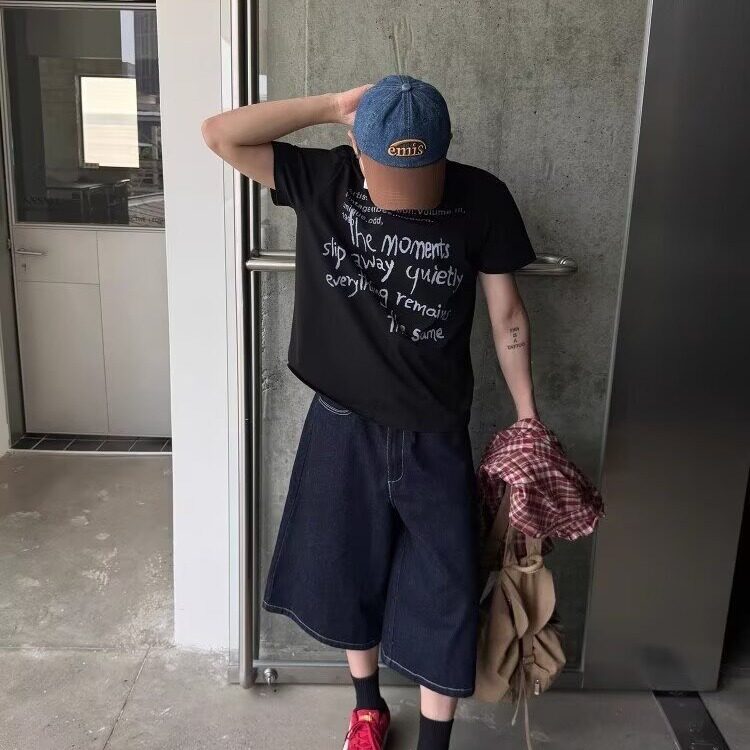 美式复古夏季七分牛仔裤男女字母刺绣格纹拼接设计感阔腿短裤中裤图片