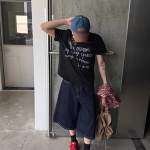 美式复古夏季七分牛仔裤男女字母刺绣格纹拼接设计感阔腿短裤中裤图片