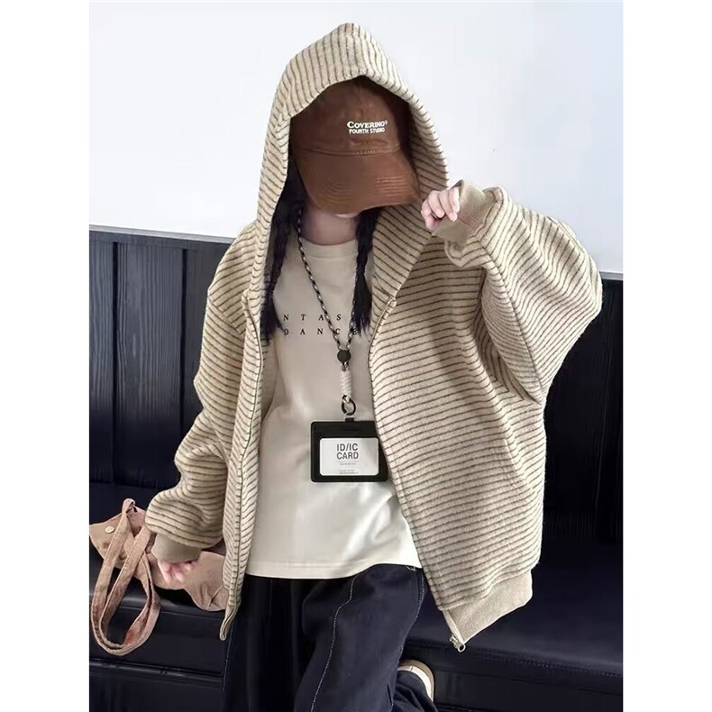 Y140-P80美式复古2025早秋新款条纹拉链开衫连帽卫衣男女,男装卫衣,电商B323A