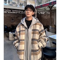 经典格子拼色男士毛呢连帽夹克外套A071-5010-P115，男装夹克，电商A071