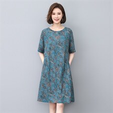 香港新品民族风印花棉质短袖连衣裙女中长宽松遮肚子显瘦，女装连衣裙，涵誉