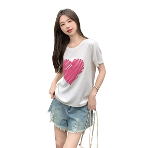 专柜撤回正品女装剪标清仓一线品牌绿色爱心印花短袖正肩t恤潮ins图片