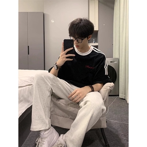 夏季美式高街重磅纯棉三条杠织带撞色男女短袖T恤ZD647-特P30图片