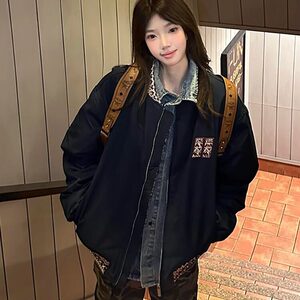 美式棉服女2024新款复古提花拼接加厚夹棉宽松情侣棒球服夹克外套图片