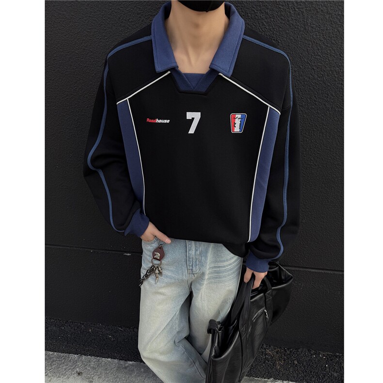 美式复古拼接设计感运动风polo领情侣卫衣宽松外套男H1059P68,男装卫衣,电商A341
