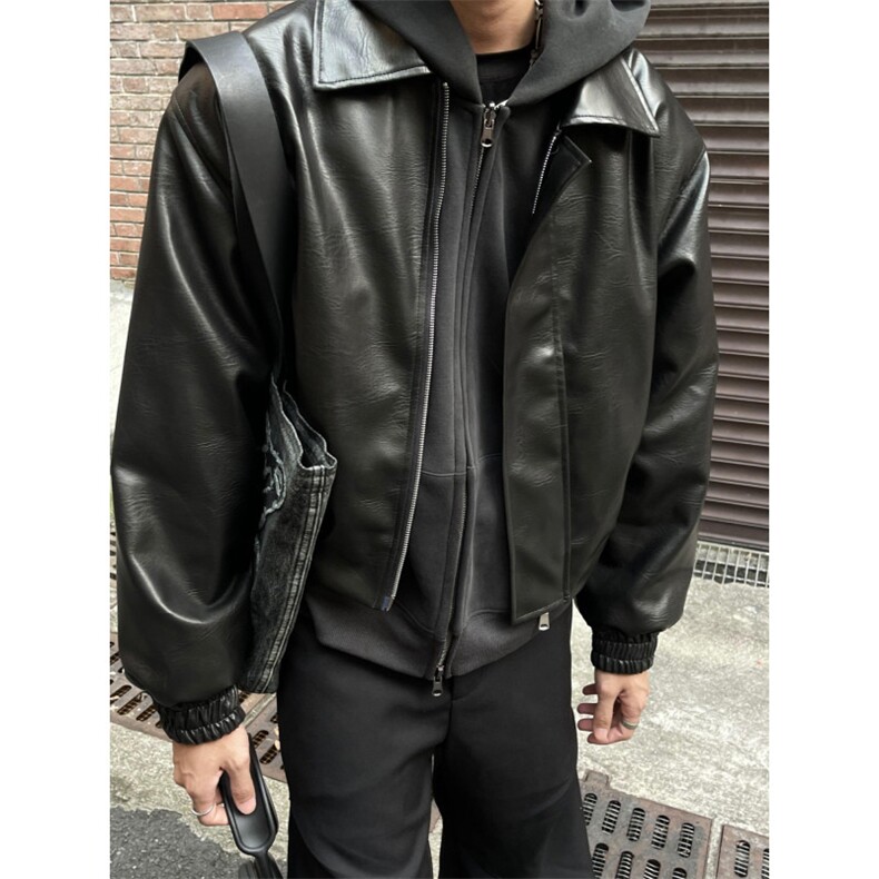 美式短款垫肩皮衣外套男春秋季高级感休闲宽松皮夹克JY770图片