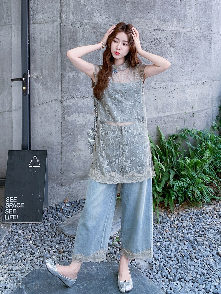 气质复古蕾丝拼接牛仔背心阔腿裤套装女2025年夏季新款洋气两件套,女装套装/套裙,2C316