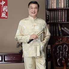 主推风中老年唐装男春秋长袖套装太极服丝绸爷爷装，男装中老年男装，钱塘723
