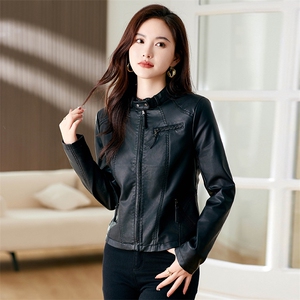 2024春秋季女装新款大量现货时尚收腰显瘦立领短款皮衣图片