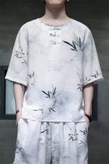 2025夏季新款男装禅服风冰丝印花竹叶盘扣短袖T恤C103-P45，男装T恤，电商B277(原6028)