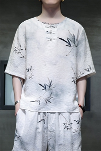 2025夏季新款男装禅服风冰丝印花竹叶盘扣短袖T恤 C103-P45图片