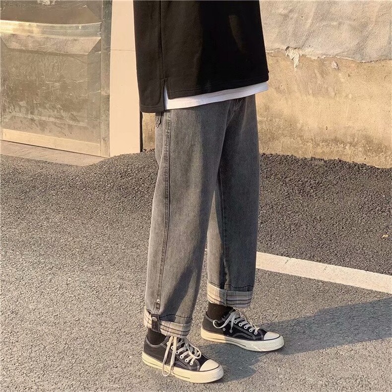 翻边牛仔裤男直筒宽松秋款休闲长裤设计感高街炸街裤子NT511-P45,男装牛仔裤,星座1008
