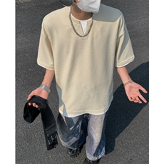 2026夏大码假两件华夫格五分短袖T恤潮流宽松T6601/特P25杏5，男装T恤，电商A094