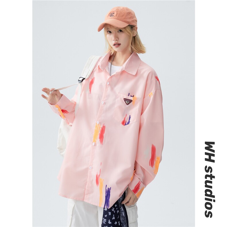 XZ-230-1CS522秋中性风宽松百搭简约水墨涂鸦休闲长袖衬衫P50控68，男装衬衫，星座230-1