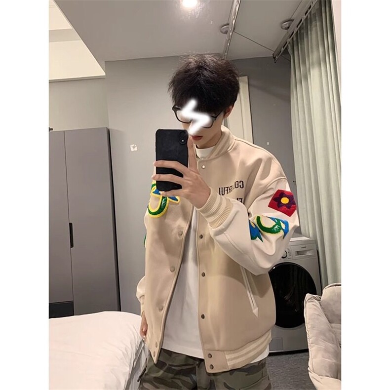 杏色毛呢拼接皮衣外套休闲彩虹碎花刺绣棒球服 JK295 特P50图片