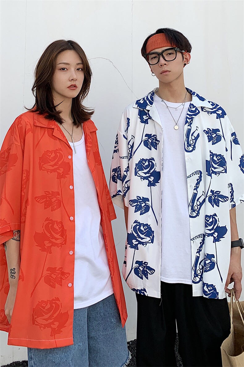 2021情侣装夏装新款原宿玫瑰印花夏威夷短袖衬衫外套D86P48女类,女装衬衫,电商A335-1（原A458）