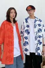 2021情侣装夏装新款原宿玫瑰印花夏威夷短袖衬衫外套D86P48女类，女装衬衫，电商A335-1（原A458）