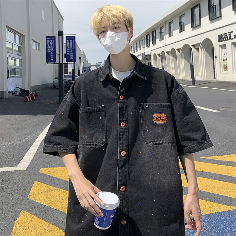 夏季新款牛仔短袖衬衫男外套日系薄款宽松休闲上衣,男装衬衫,星座410-7