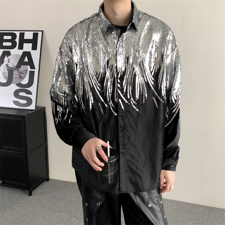 春季小众设计感夜店网红炸街刺绣亮片丝绒衬衣男长袖衬衫宽松个性,男装衬衫,星座909